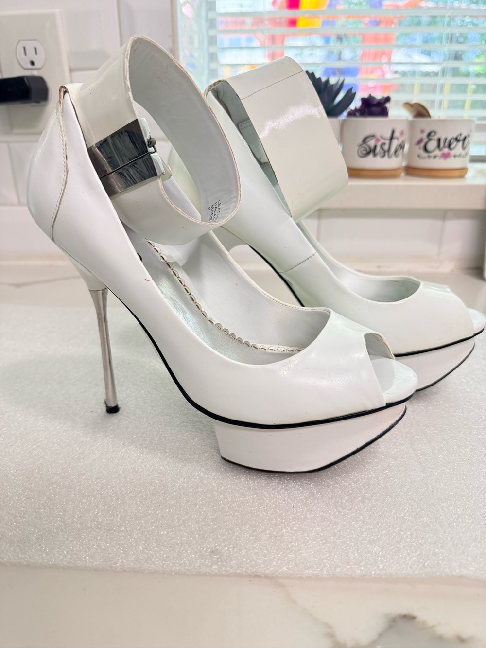 bebe White Patent Peep-Toe Platform Heels with Ankle Cuff